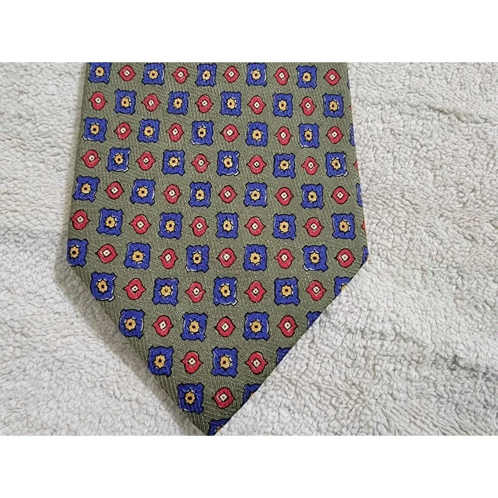 VTG 90s‎ Polo Ralph Lauren green foulard geometric 100% silk hand made tie USA